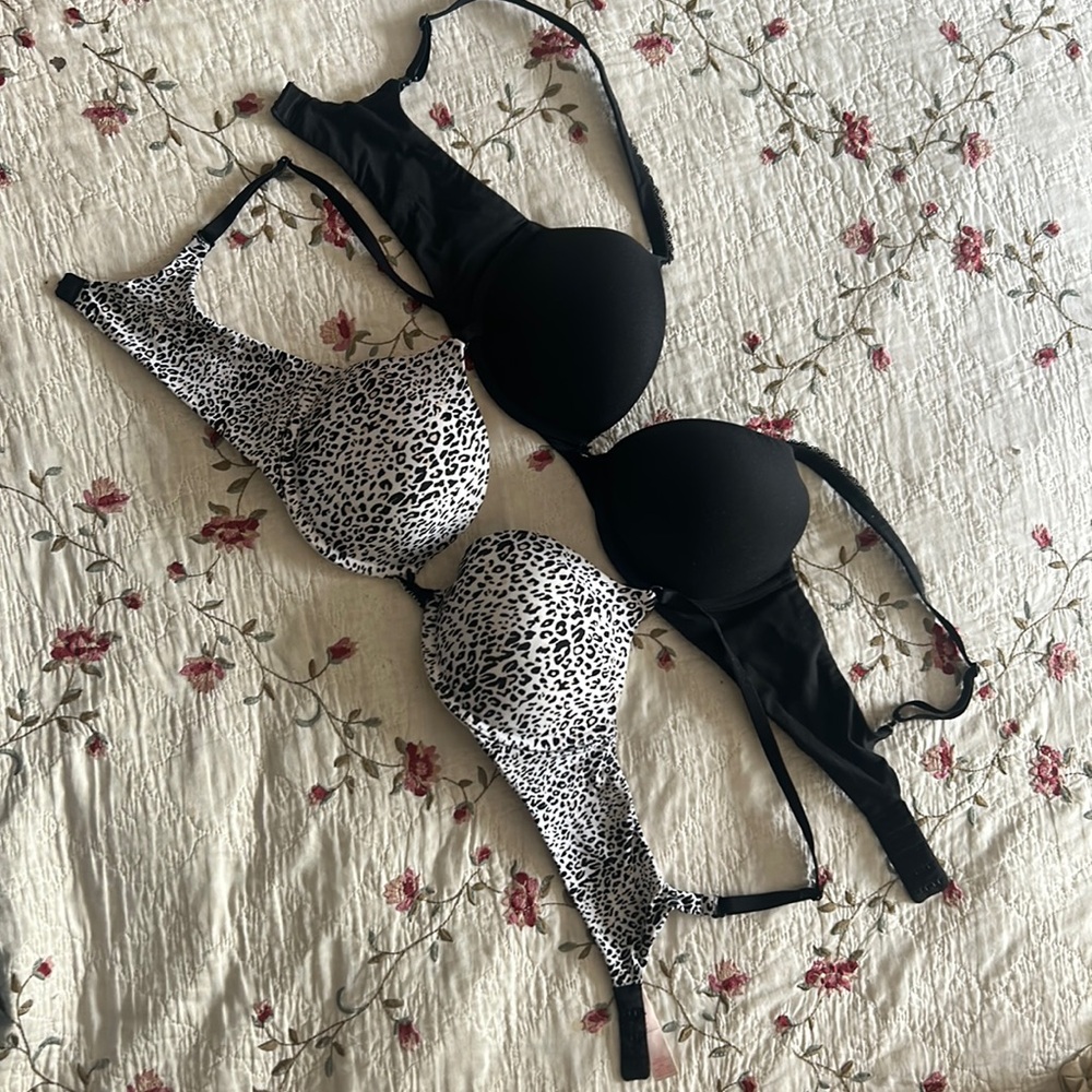 Lot of 2 💕VICTORIA’S SECRET Push Up Padded BRAS 34C💝Solid Black & Leopard Print - Picture 3 of 9